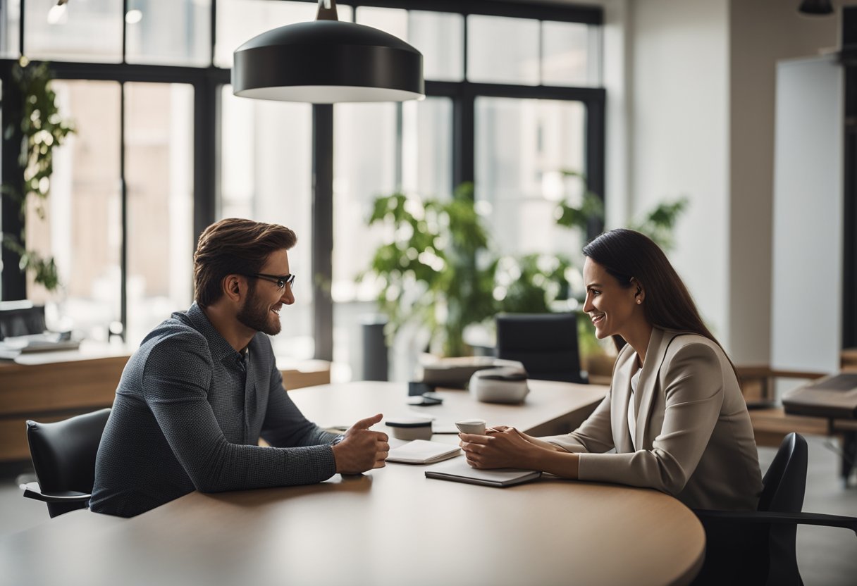 A client and an interior designer sitting across from each other, discussing design preferences and requirements in a cozy, well-lit office space