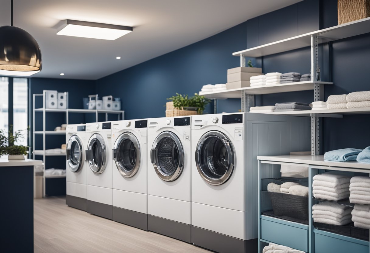 The laundry shop interior features a clean and modern design with bright lighting, rows of washing machines, and neatly organized shelves of laundry products