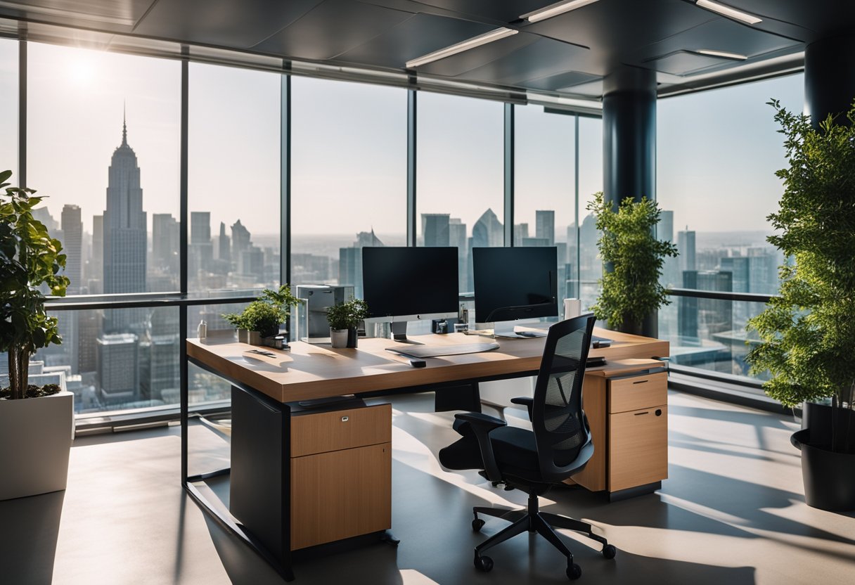 A modern office space with sleek furniture, vibrant color schemes, and large windows overlooking a city skyline