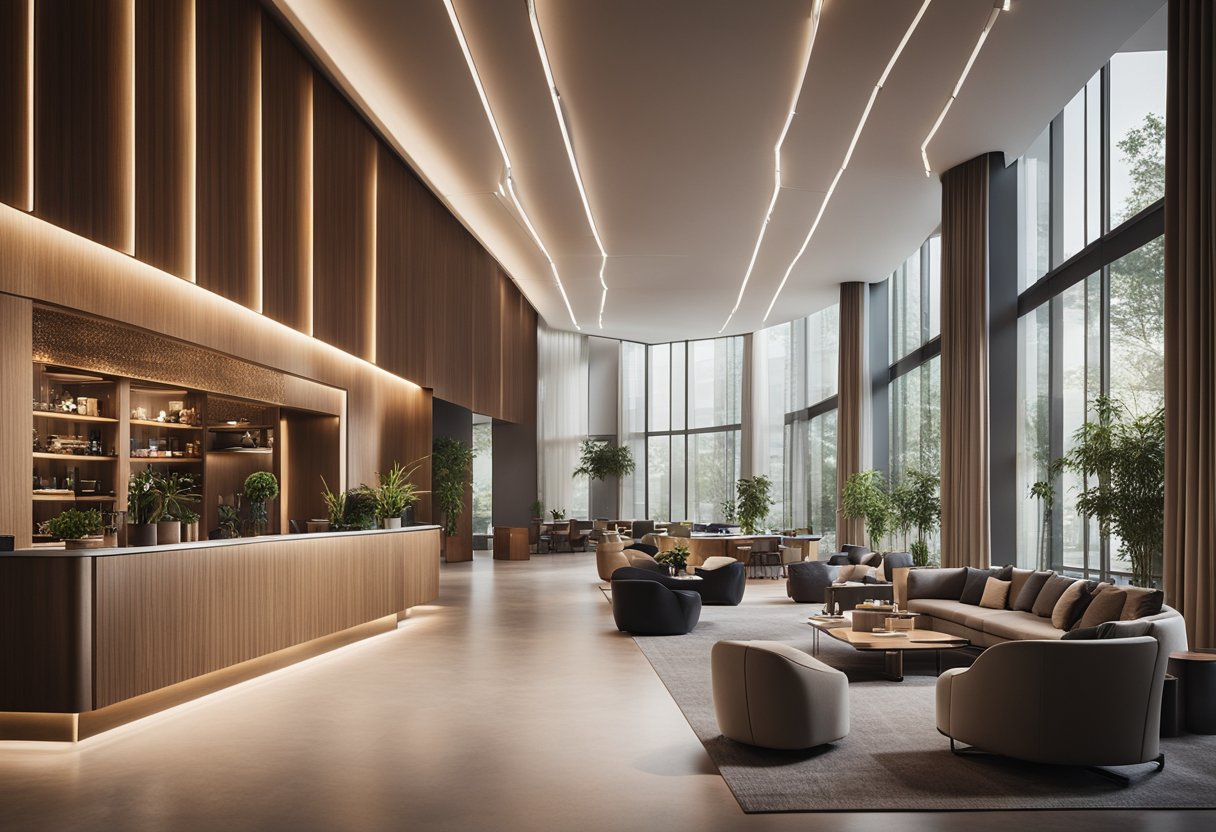 A sleek, open-concept lobby with minimalist furniture and warm, ambient lighting. Clean lines and natural materials create a welcoming, contemporary atmosphere