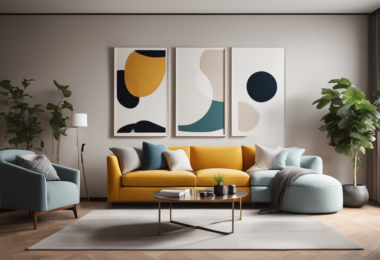 A modern living room with a minimalist design, featuring a sleek sofa, geometric coffee table, and abstract wall art. Warm lighting and a pop of color add a cozy and inviting atmosphere