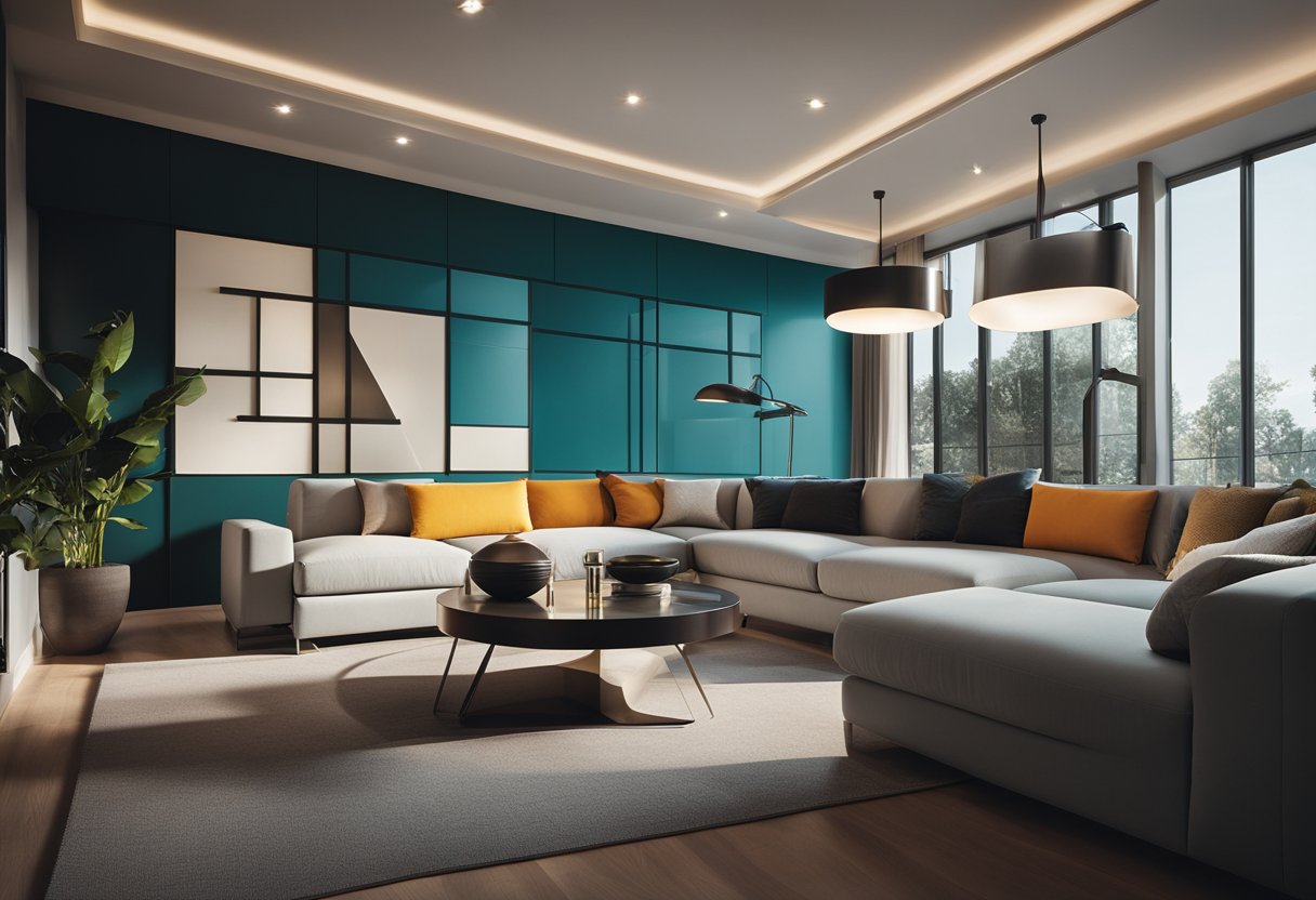 A room with clean lines, geometric shapes, and contrasting textures. A bold color palette with pops of vibrant hues. Minimalistic furniture with sleek finishes. Lighting fixtures that create dramatic shadows