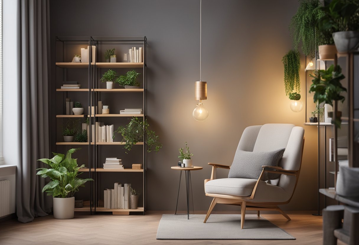 A cozy corner wall with a built-in bookshelf, soft ambient lighting, and a comfortable armchair with a side table and a potted plant