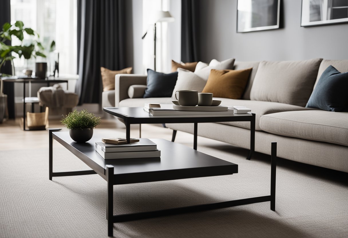 A modern living room with a sleek, minimalist design. A large, comfortable sofa sits in the center, surrounded by clean lines and neutral colors. A stylish coffee table and a few decorative accents complete the scene