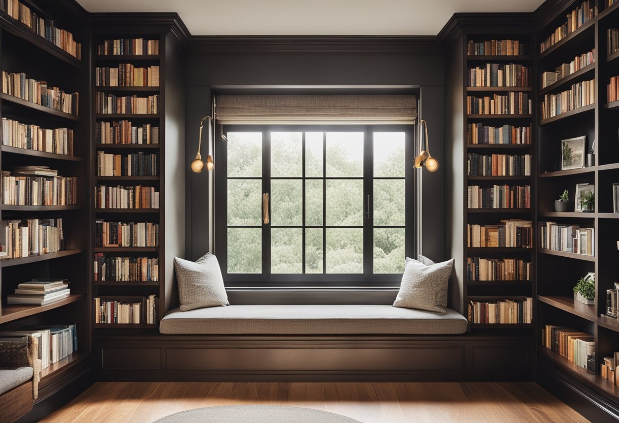 A cozy reading nook with built-in shelves and a window seat in a corner with natural light
