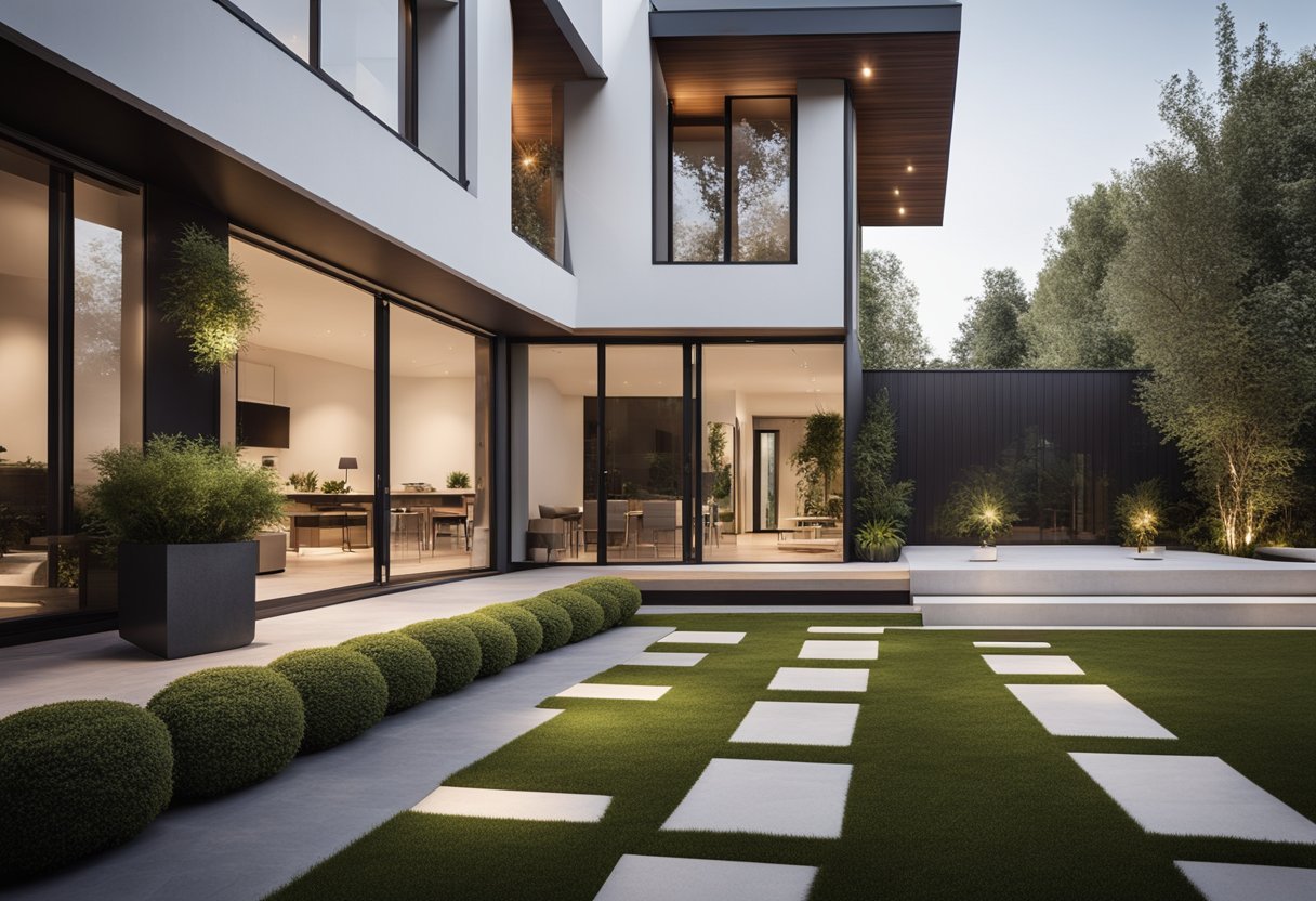 A modern, minimalist exterior with clean lines and large windows. Functional outdoor spaces include a spacious patio and a well-manicured garden