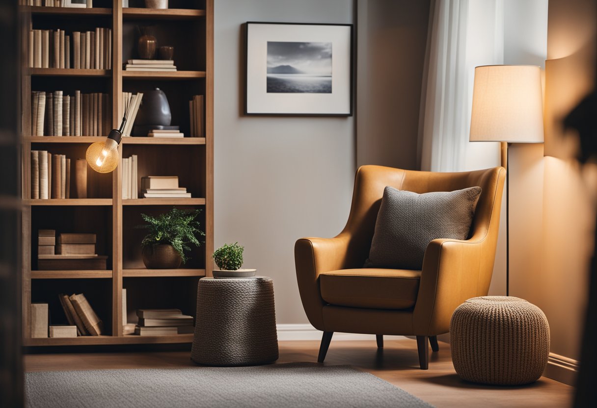 A cozy corner with bookshelves, a comfortable armchair, and a soft reading lamp creates a warm and inviting atmosphere for relaxation and contemplation