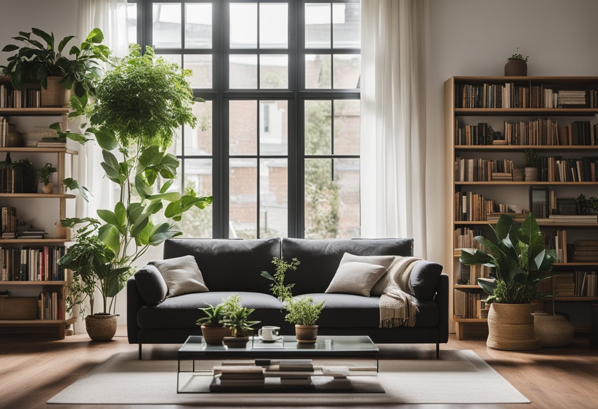 A cozy living room with a modern sofa, a sleek coffee table, and a bookshelf filled with design books. A large window lets in natural light, and a potted plant adds a touch of greenery