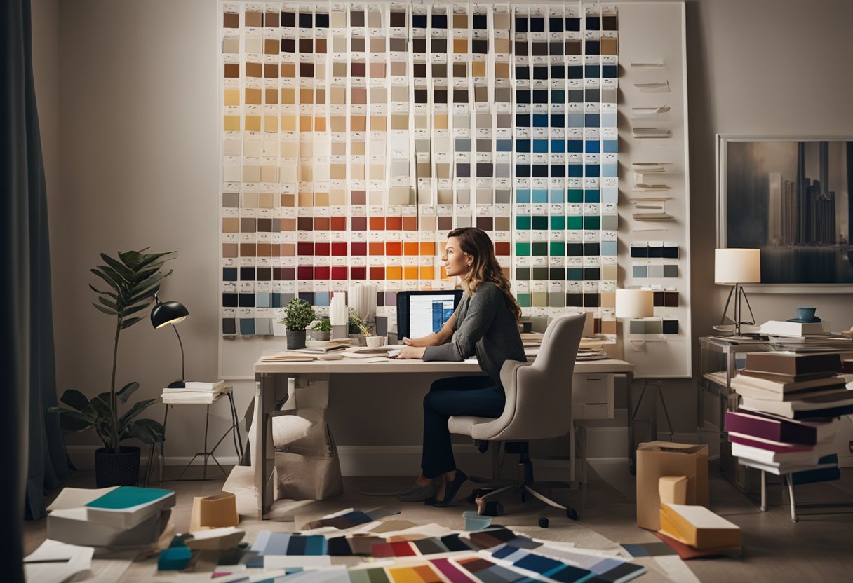 An interior designer sits at a desk, surrounded by fabric swatches and paint samples. A client leans in, asking questions from a list titled "Frequently Asked Questions."