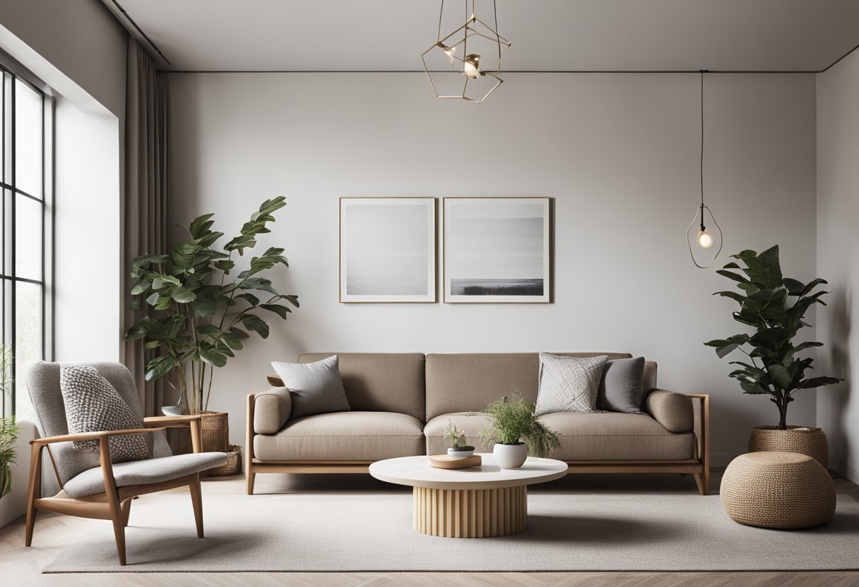 A sleek, uncluttered living space with clean lines, neutral colors, and minimal furniture. Geometric shapes and natural materials create a sense of simplicity and elegance