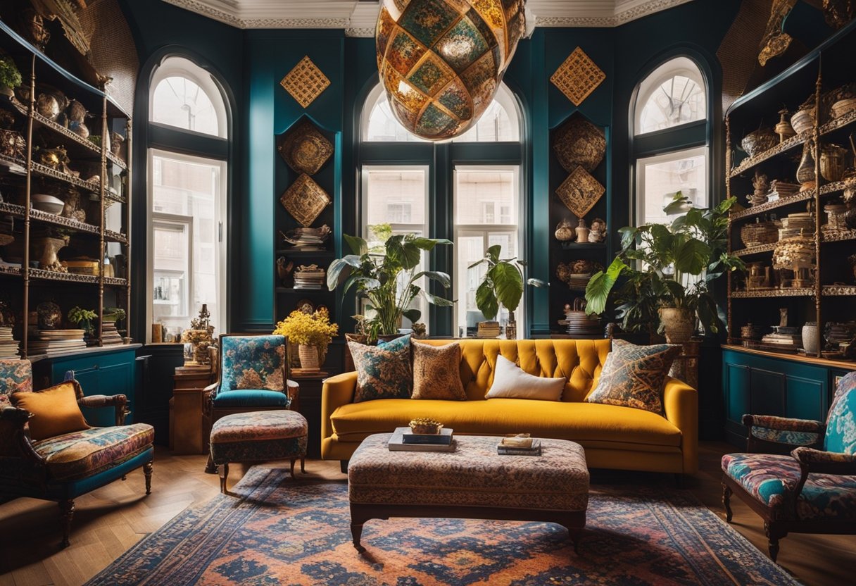A maximalist interior filled with bold patterns, vibrant colors, and eclectic decor. Overflowing shelves, ornate furniture, and intricate details create a visually stimulating environment