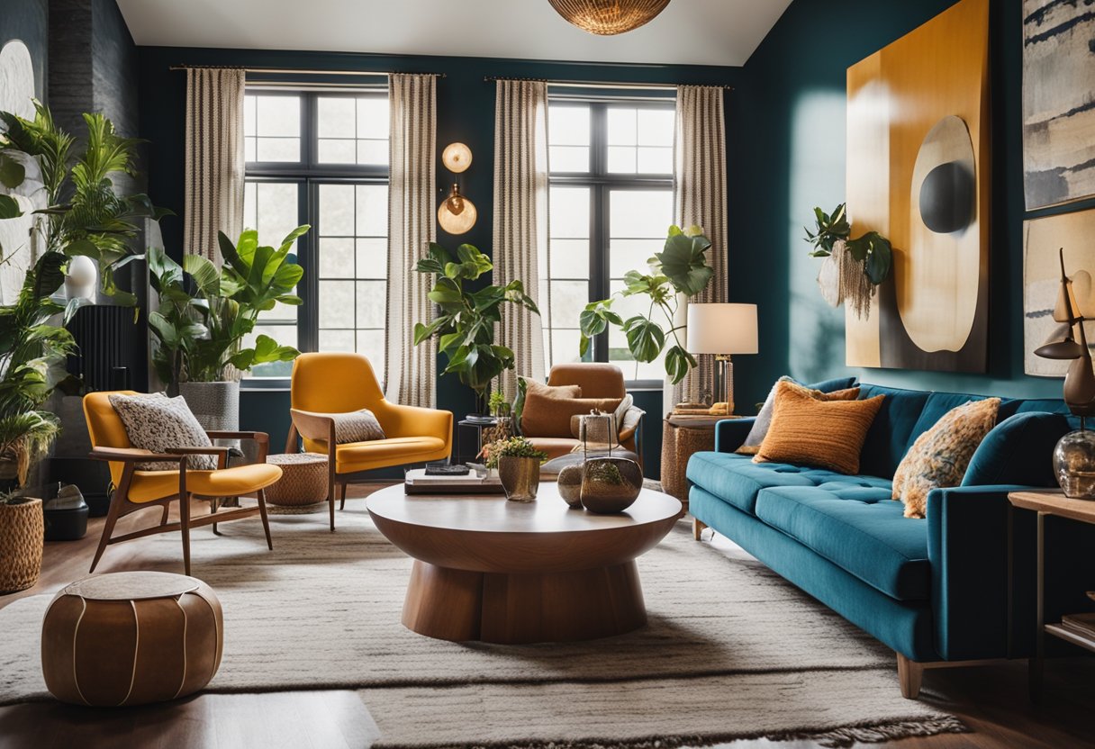 A spacious living room with a mix of bold patterns, vibrant colors, and diverse textures. Mid-century modern furniture blends with bohemian accents and industrial lighting