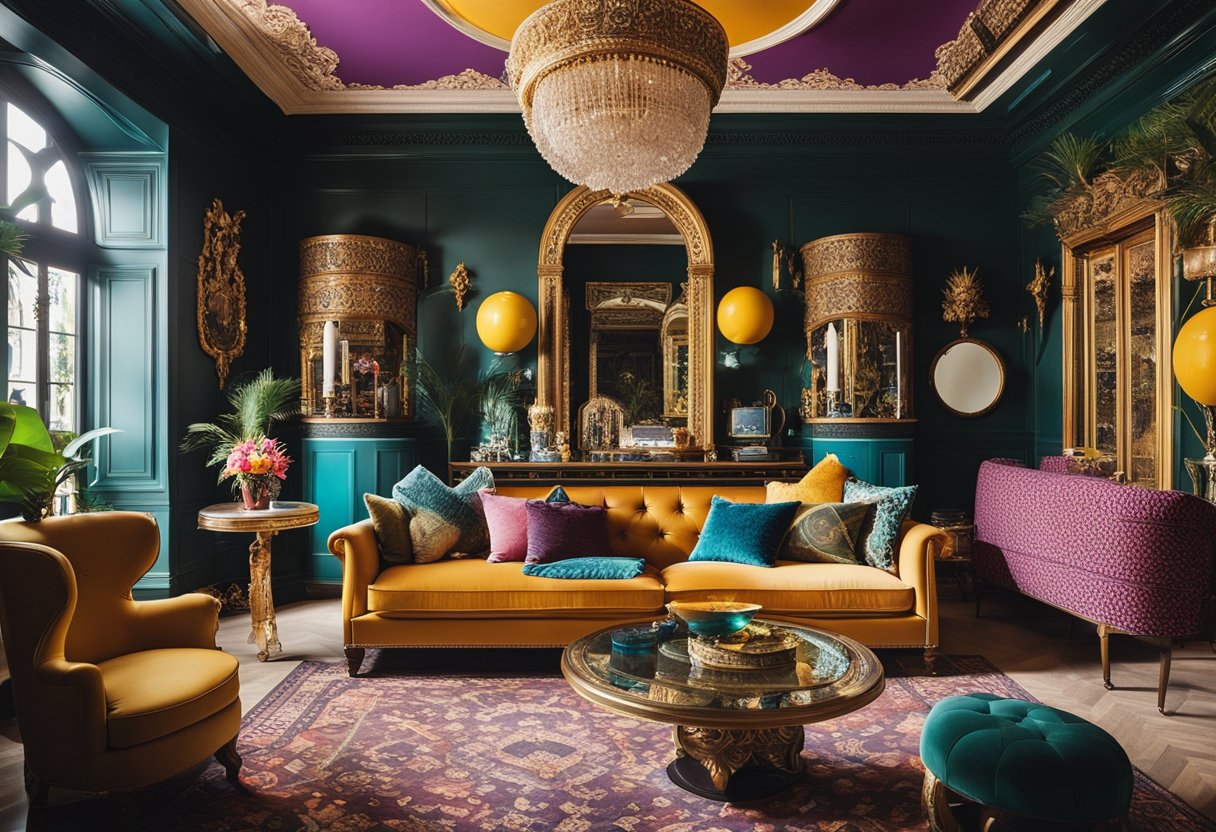 A maximalist interior with bold patterns, vibrant colors, and eclectic decor. Overflowing with layers of textures and ornate details