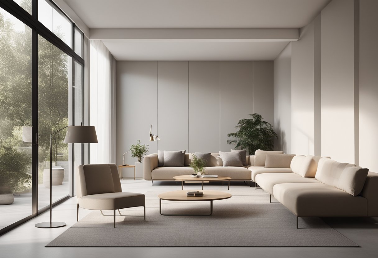 A spacious, uncluttered room with clean lines, neutral colors, and minimal furniture. Natural light floods the space, creating a serene and peaceful atmosphere