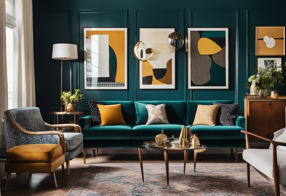 A living room with a mix of vintage and contemporary furniture, bold patterns, and vibrant colors. A gallery wall of eclectic artwork and a mix of textures such as velvet, leather, and wood