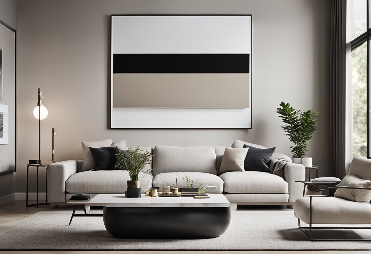 A sleek, modern living room with clean lines, neutral colors, and minimal furniture. A large, unadorned wall features a bold, abstract art piece