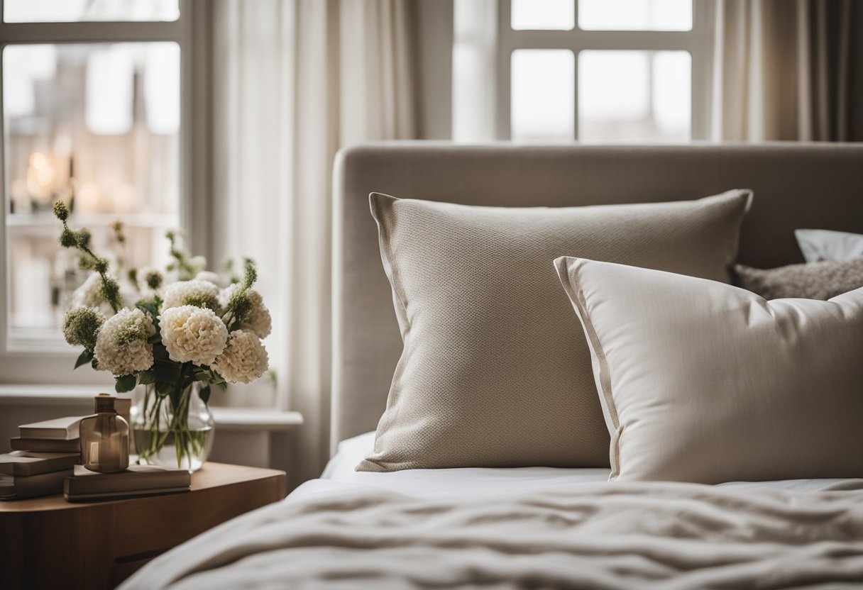 A cozy bedroom with a large, plush bed, soft lighting, and a neutral color palette. A large window lets in natural light, and there are decorative accents like a vase of flowers and a few throw pillows