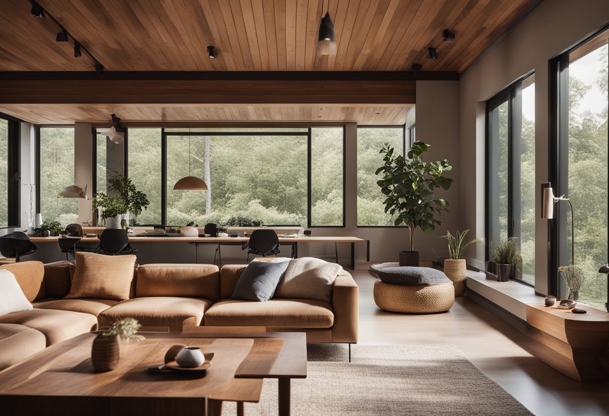 A cozy living room with warm wood tones, clean lines, and natural textures. Large windows let in plenty of natural light