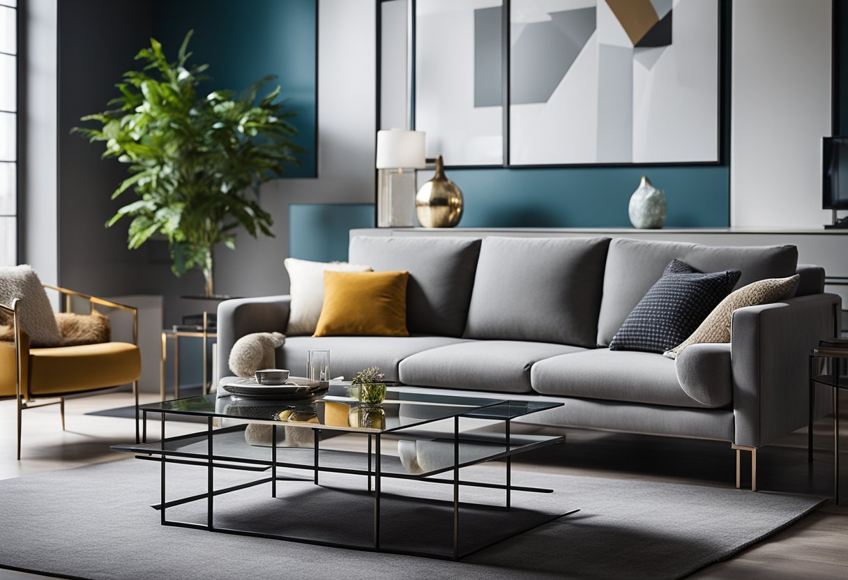 A sleek, minimalistic living room with clean lines, geometric shapes, and bold colors. A mix of metal, glass, and concrete furniture creates a sense of industrial chic