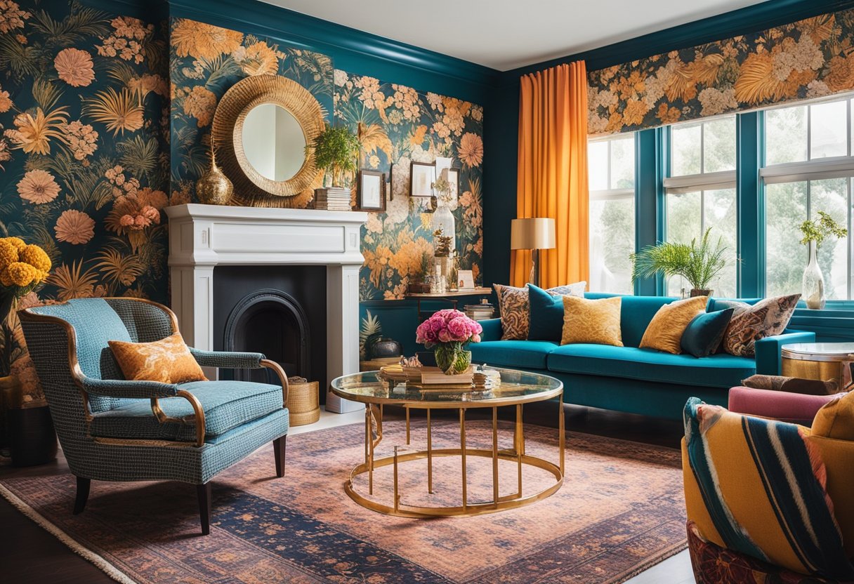 A vibrant, eclectic living room with bold patterns, luxurious textures, and an abundance of decorative elements, creating a visually stimulating and opulent space