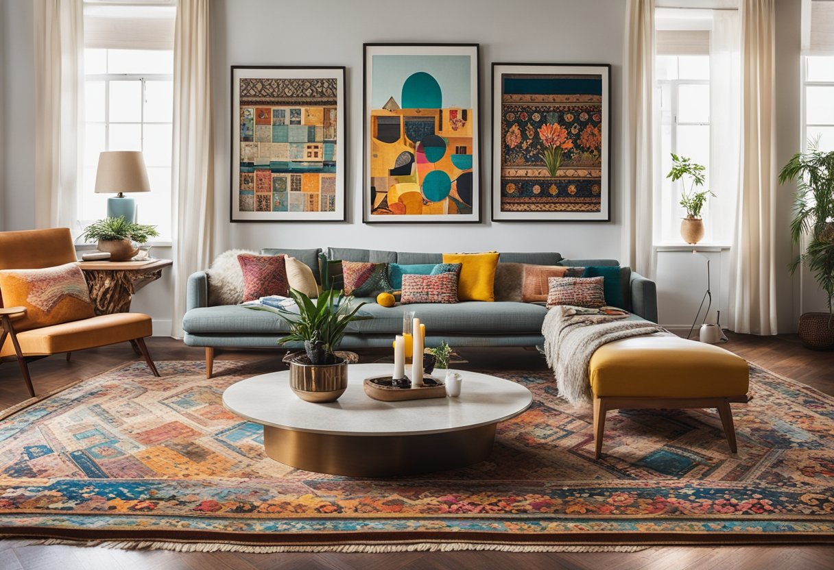 A bright, open living room with a mix of vintage and modern furniture, colorful patterned rugs, and a gallery wall of eclectic artwork