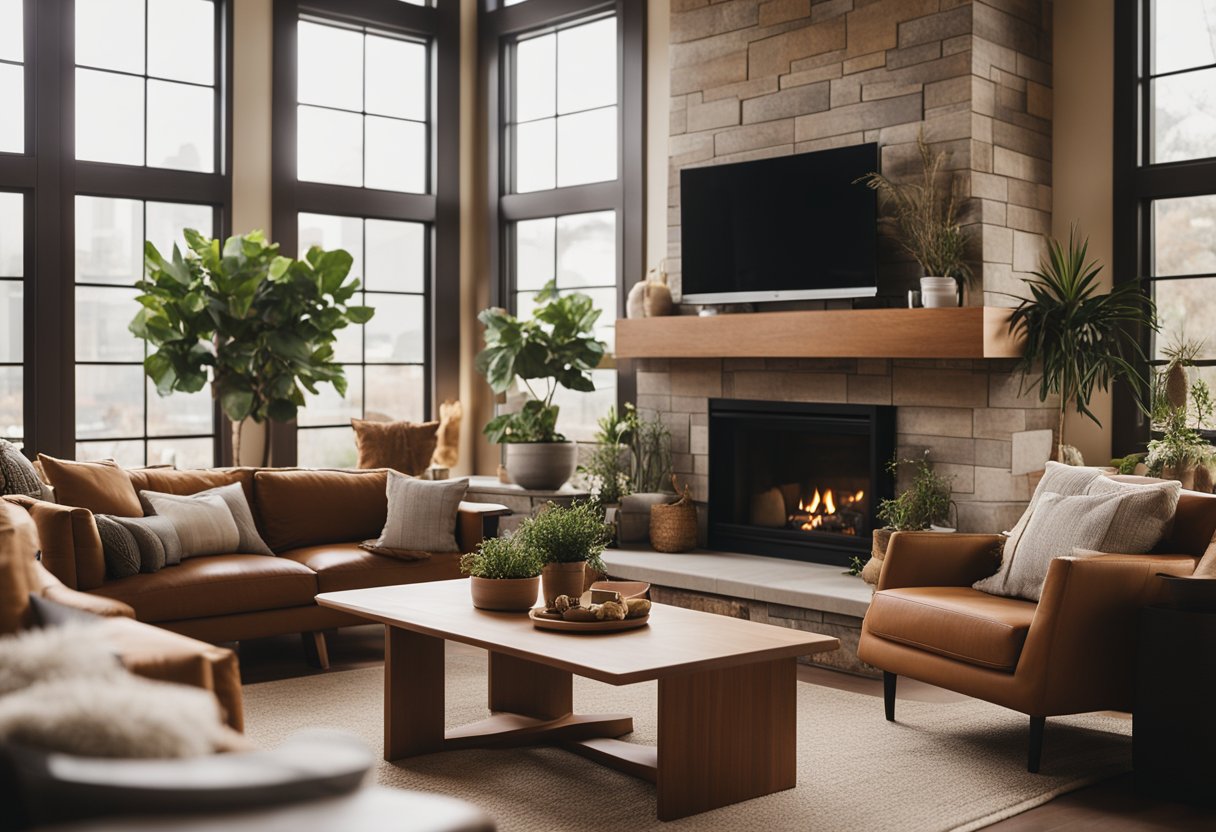 A cozy living room with warm earth tones, plush furniture, and natural light streaming in through large windows. A fireplace adds a touch of comfort, while potted plants and artwork bring a sense of tranquility to the space