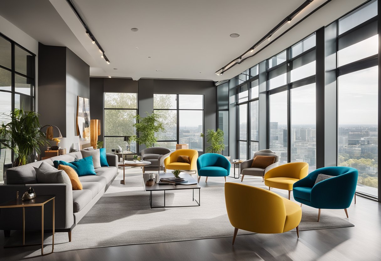 A modern, sleek interior with bold pops of color, clean lines, and innovative furniture arrangements. Natural light streams in through large windows, illuminating the space and creating a welcoming atmosphere