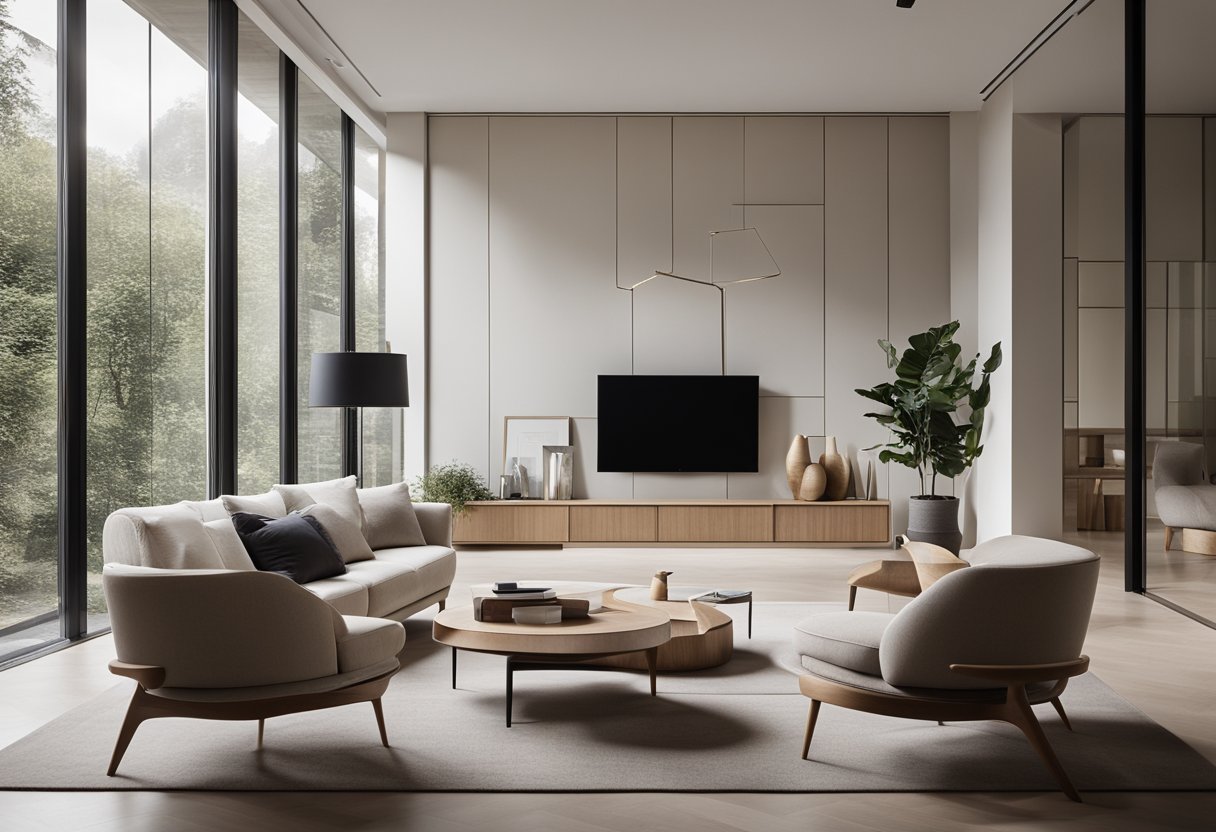 A minimalist living room with clean lines, open space, and functional furniture. Neutral colors, natural materials, and geometric shapes define the modernist aesthetic