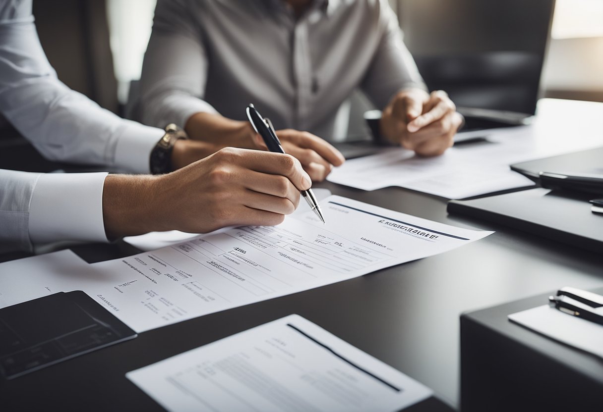 An interior designer presents a detailed invoice to a client, with line items for consultation, material sourcing, and project management fees