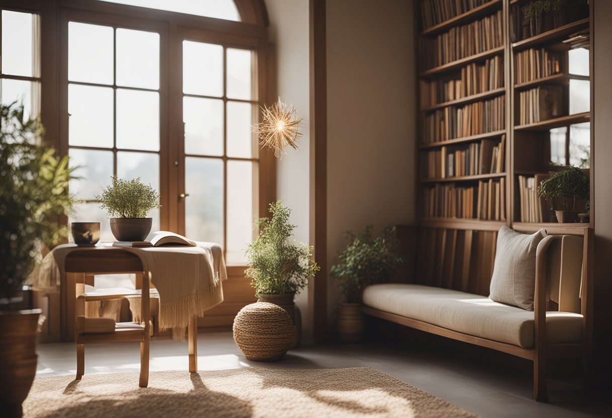 A serene, light-filled room with a cozy reading nook, adorned with religious symbols and calming earth tones, creating a peaceful and spiritual atmosphere