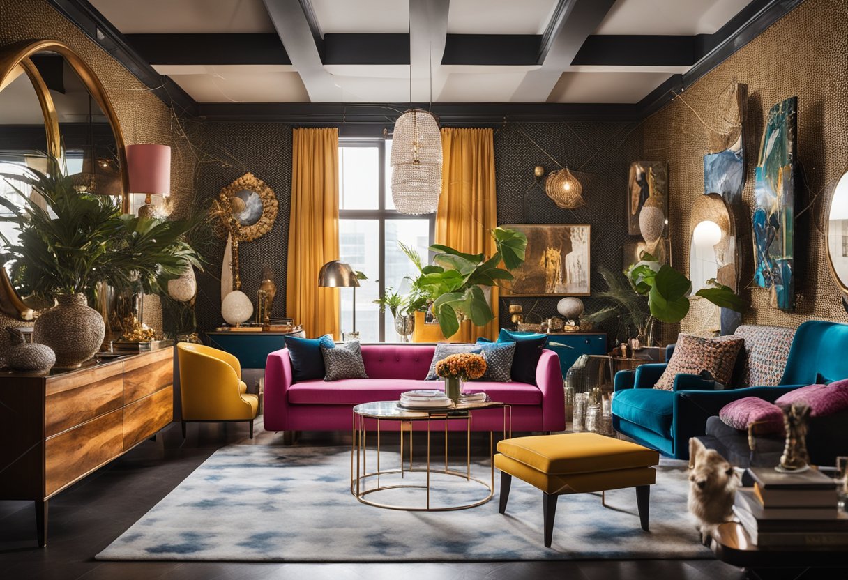 A vibrant, eclectic space with bold patterns, mixed textures, and an abundance of decorative elements. The room is filled with unique furniture pieces, statement lighting, and eye-catching art, creating a visually stimulating environment