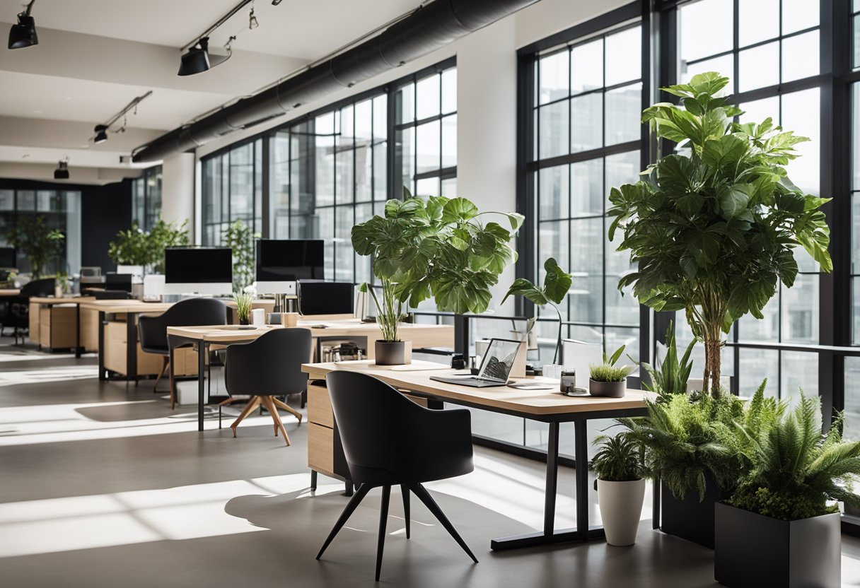 A sleek, modern office space with clean lines, neutral colors, and stylish furniture. Large windows let in natural light, while potted plants add a touch of greenery. The space exudes a professional and sophisticated atmosphere