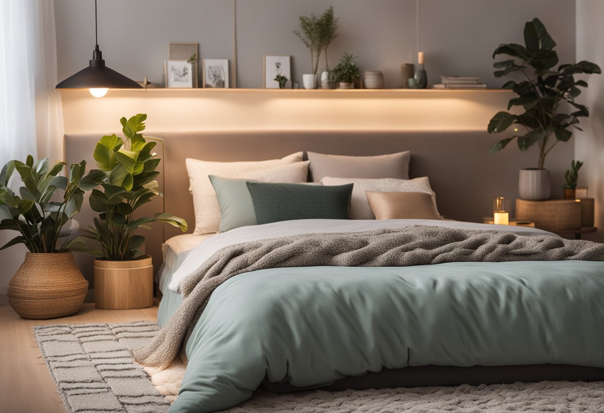 A cozy bedroom with a neatly made bed, soft throw pillows, warm lighting, and decorative accents like plants and art on the walls