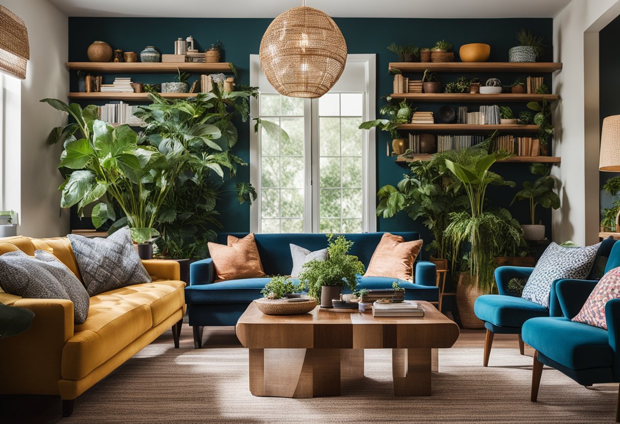 A cozy living room with a mix of vintage and contemporary furniture, bold patterns, and vibrant colors. Plants and art pieces add character to the space