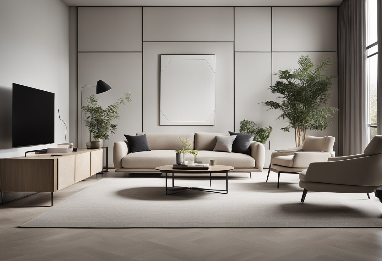 A sleek, minimalist living room with clean lines, geometric shapes, and a neutral color palette. Furniture is functional and unadorned, with an emphasis on form and function