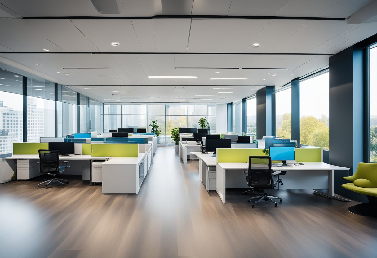 A modern, minimalist office space with sleek furniture, large windows, and a vibrant color scheme. The space is organized and inviting, with a focus on functionality and creativity