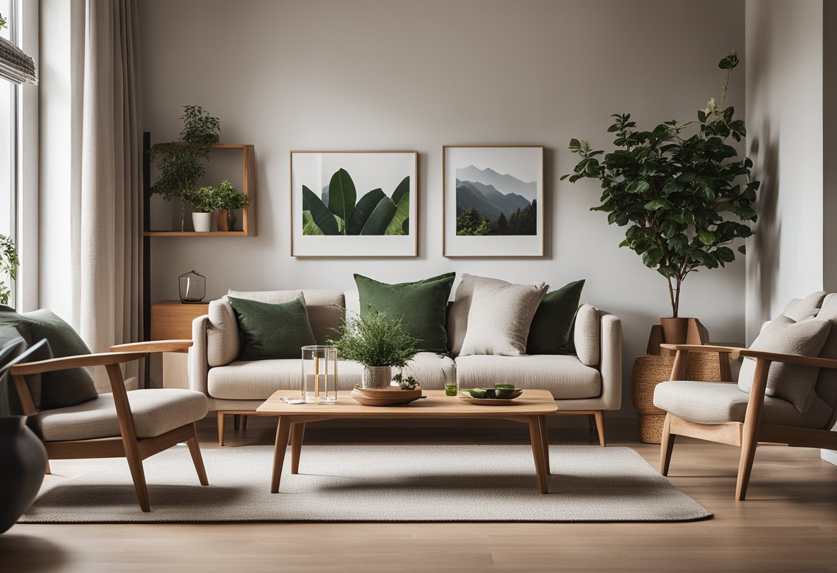 A cozy living room with natural wood furniture, neutral tones, and pops of greenery. Clean lines and minimalistic decor create a modern, earthy feel