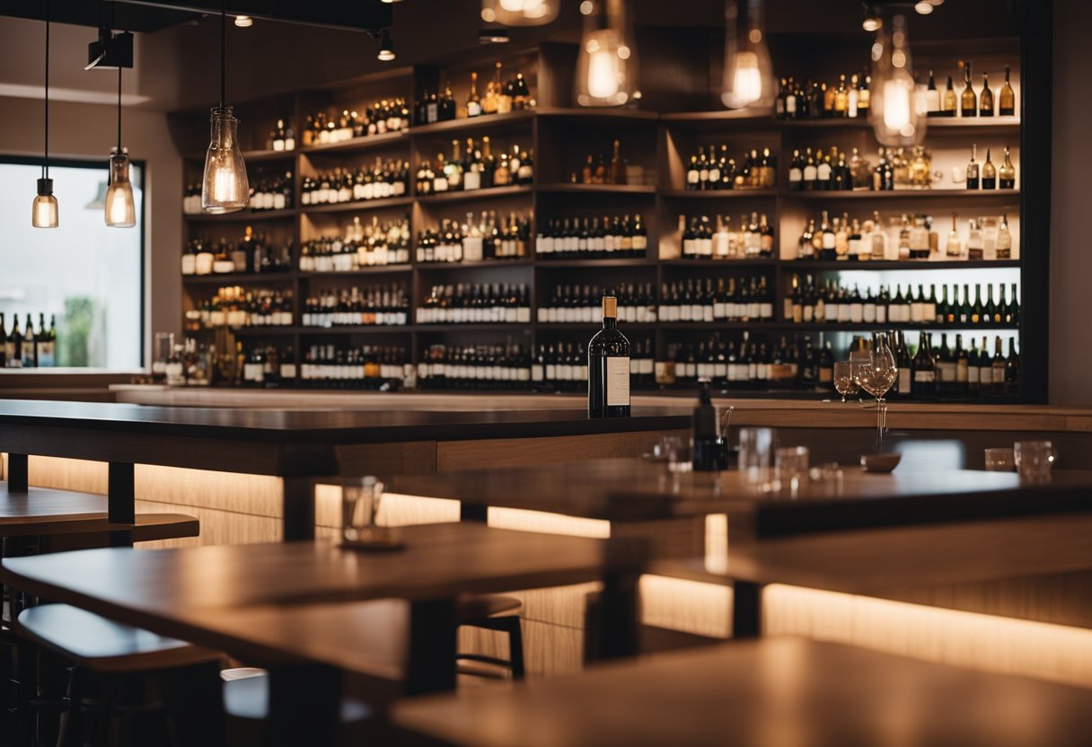 A cozy small restaurant with warm lighting, wooden tables, and minimalist decor. A small bar area with a few stools and shelves displaying wine bottles