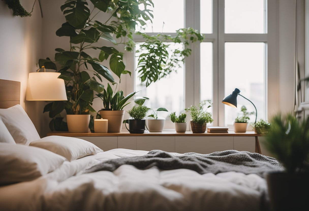 A cozy bedroom with warm lighting, a neatly made bed, a stylish nightstand with a lamp, and a stack of books. A large window lets in natural light, and potted plants add a touch of greenery
