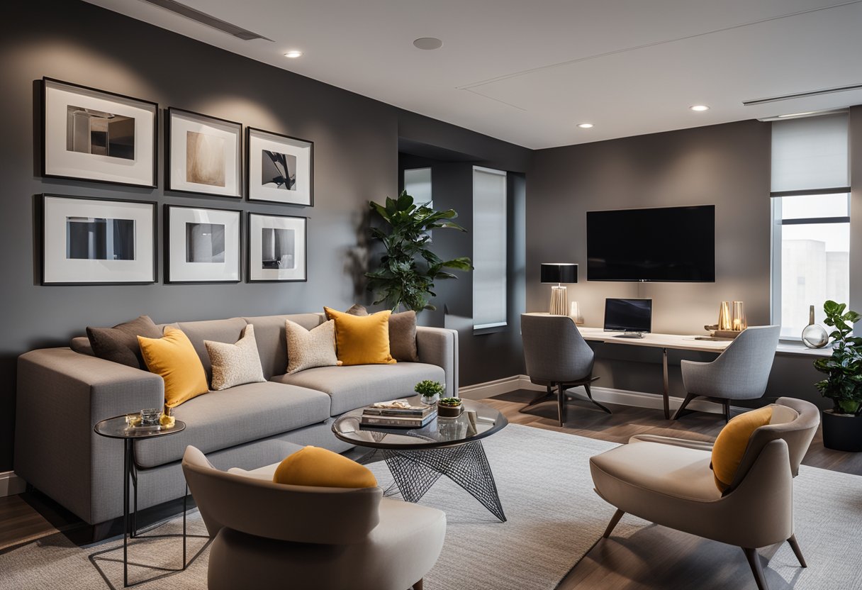 A sleek, modern office space with clean lines and pops of color. A cozy living room with plush furniture and warm, inviting decor. A luxurious bedroom with elegant furnishings and soft, ambient lighting