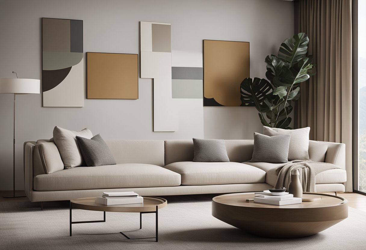A sleek, minimalist living room with clean lines, geometric shapes, and a neutral color palette. Angular furniture and abstract art reflect modernist design principles