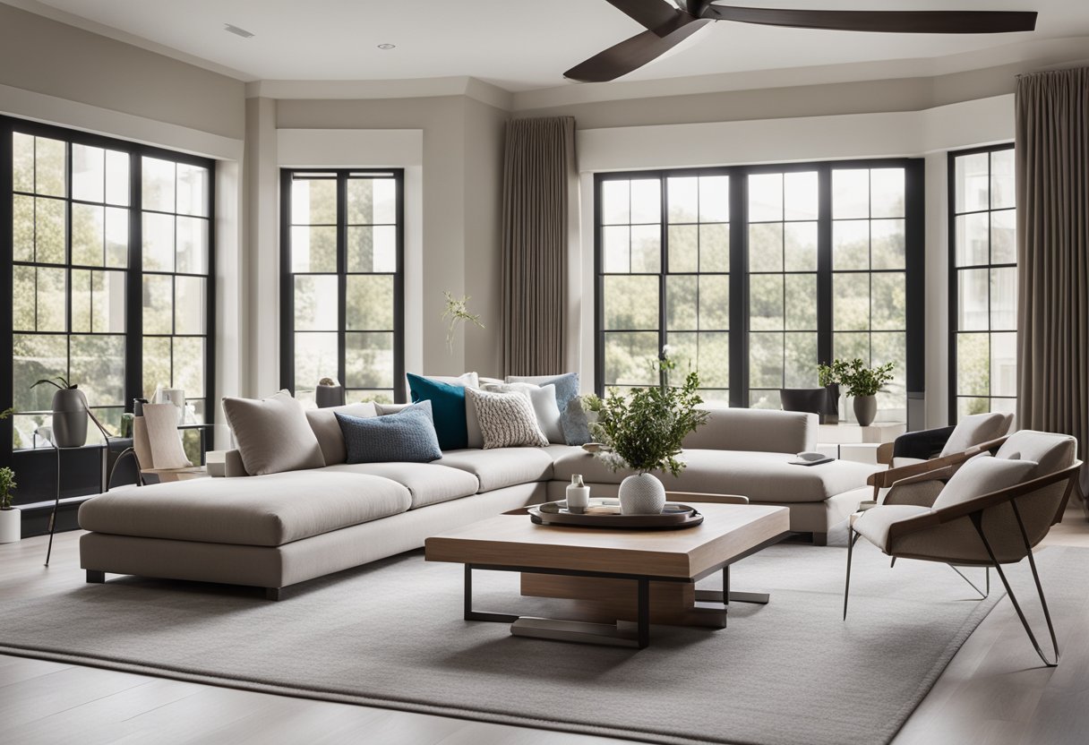 A modern living room with a neutral color palette, sleek furniture, and pops of color in the form of accent pillows and artwork. Large windows allow natural light to flood the space, creating a warm and inviting atmosphere