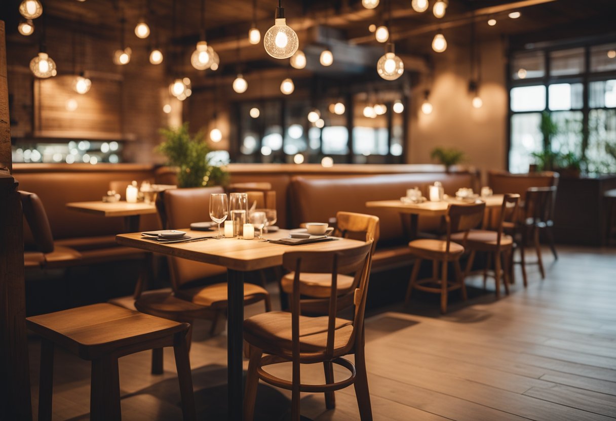 Warm lighting illuminates cozy seating areas with rustic wooden tables and chairs. Soft, earthy tones and simple decor create a welcoming ambiance for small restaurant patrons