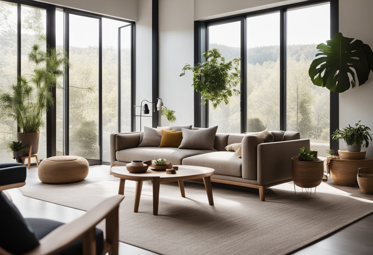 A cozy living room with natural materials, clean lines, and earthy tones. A large window lets in natural light, highlighting the modern furniture and minimalist decor