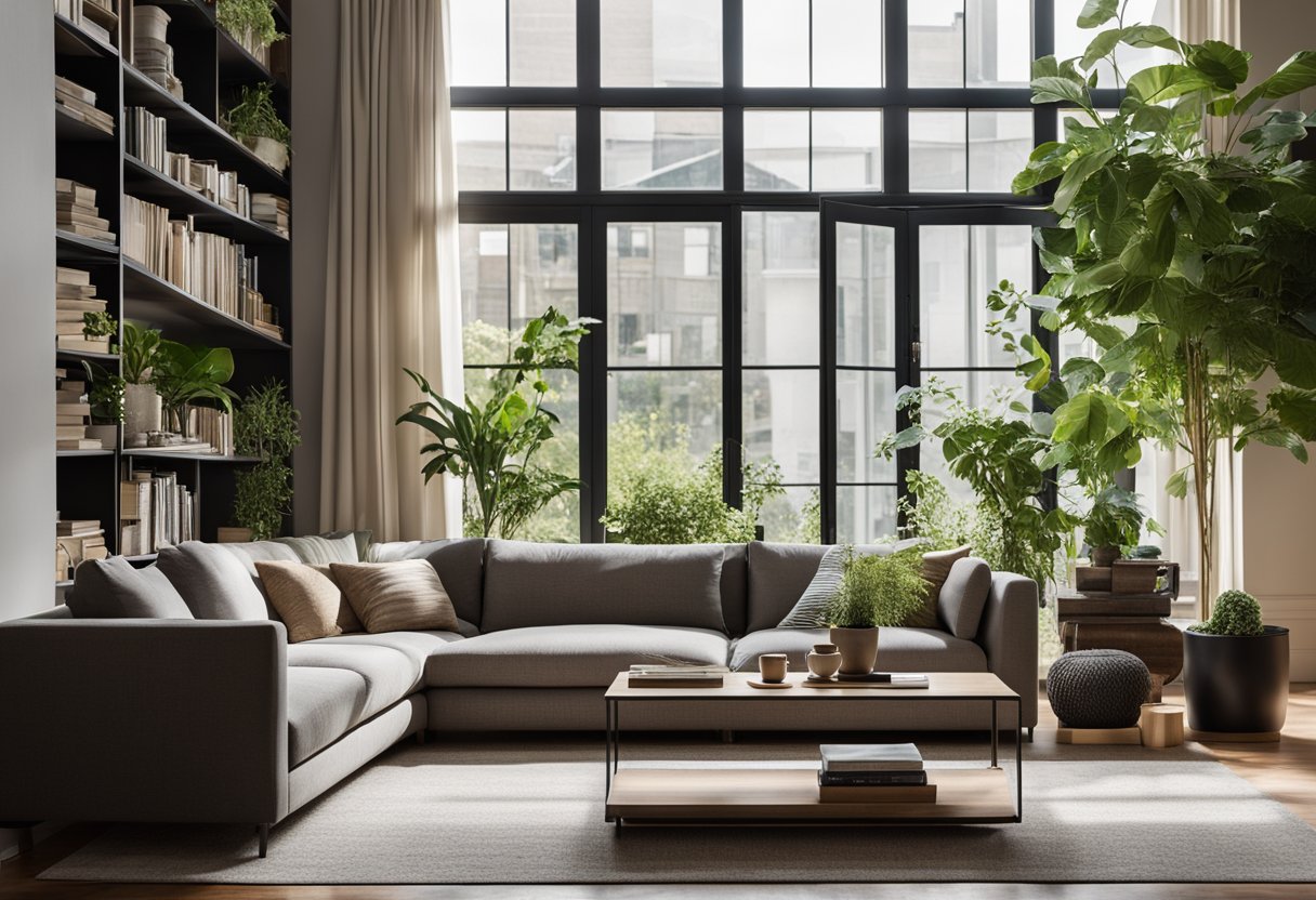 A cozy living room with a modern sofa, a stylish coffee table, and a bookshelf filled with design books. A large window lets in natural light, and plants add a touch of greenery