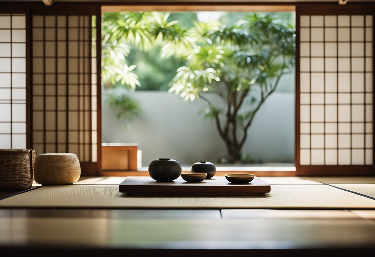Japanese interior designer in Singapore: Zen garden, sliding shoji doors, minimalist furniture, bamboo accents, tatami mats, and natural lighting