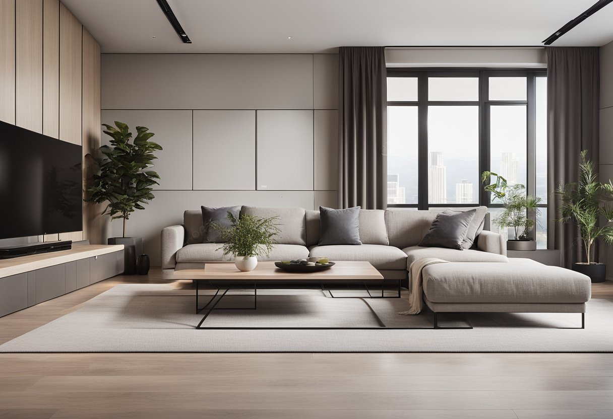 A spacious living room with modern furniture, large windows, and a minimalist color palette. The room is well-lit and features clean lines and sleek finishes