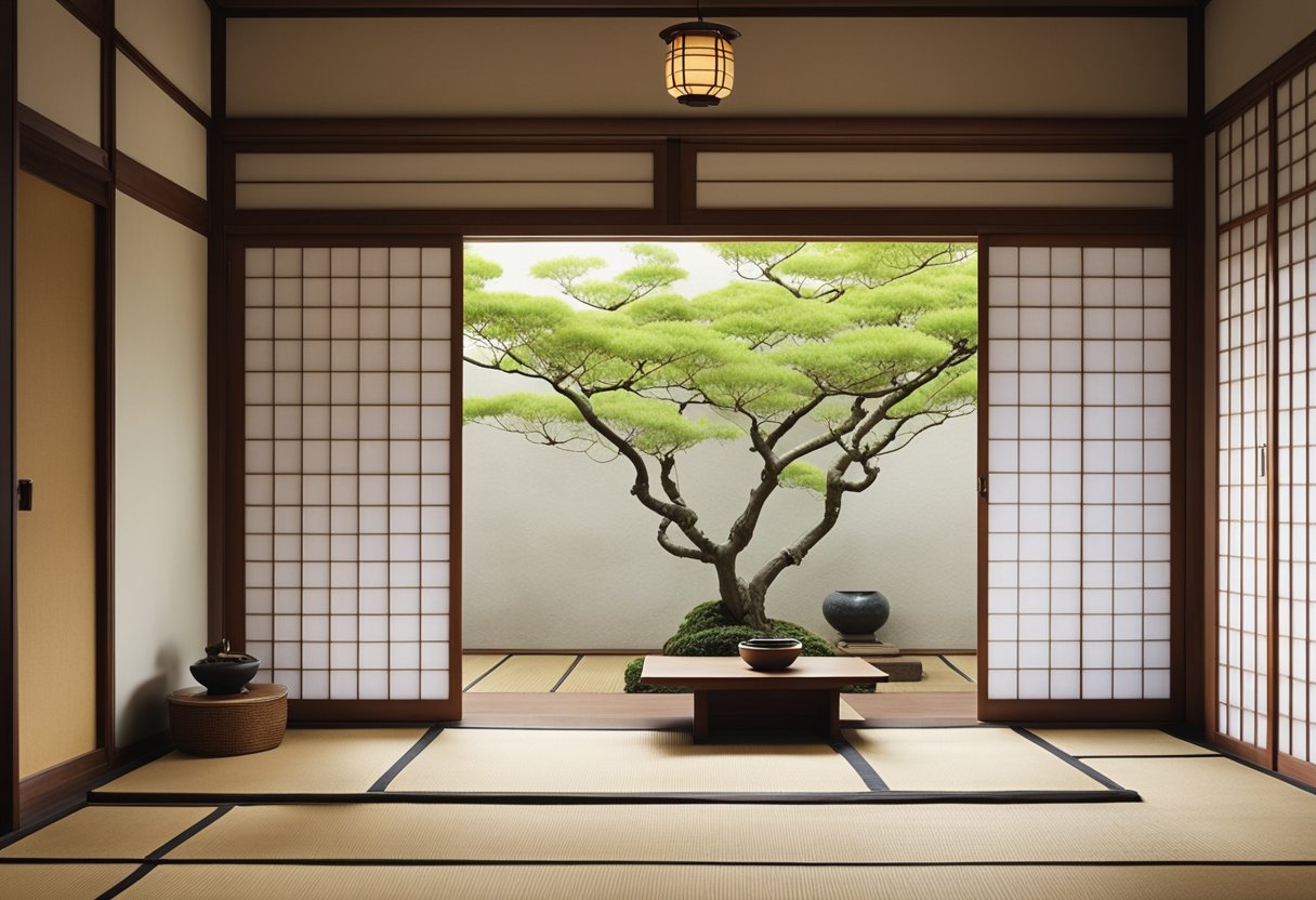 A tatami-floored room with sliding shoji doors, low wooden furniture, and minimalist decor. A tokonoma alcove displays a scroll and ikebana arrangement