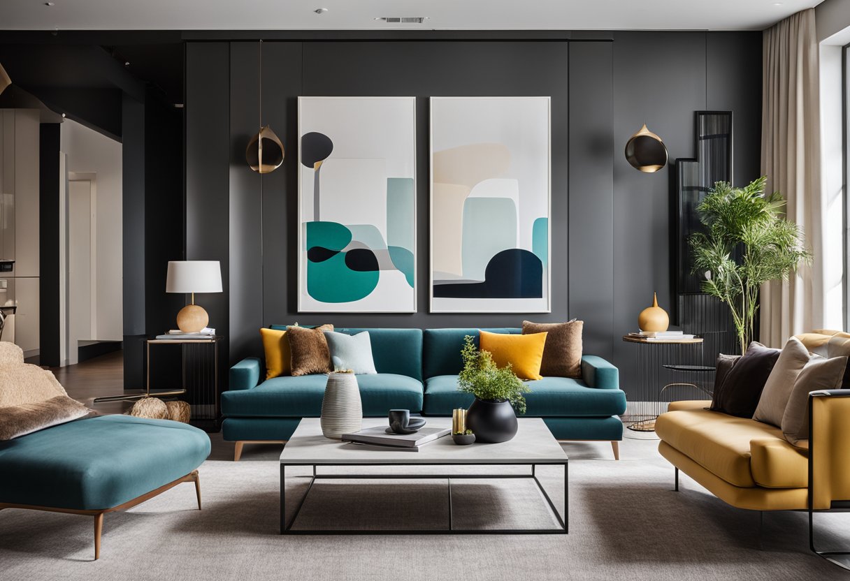 A modern living room with a bold color palette, sleek furniture, and abstract art. Natural light floods the space, highlighting the clean lines and minimalist aesthetic