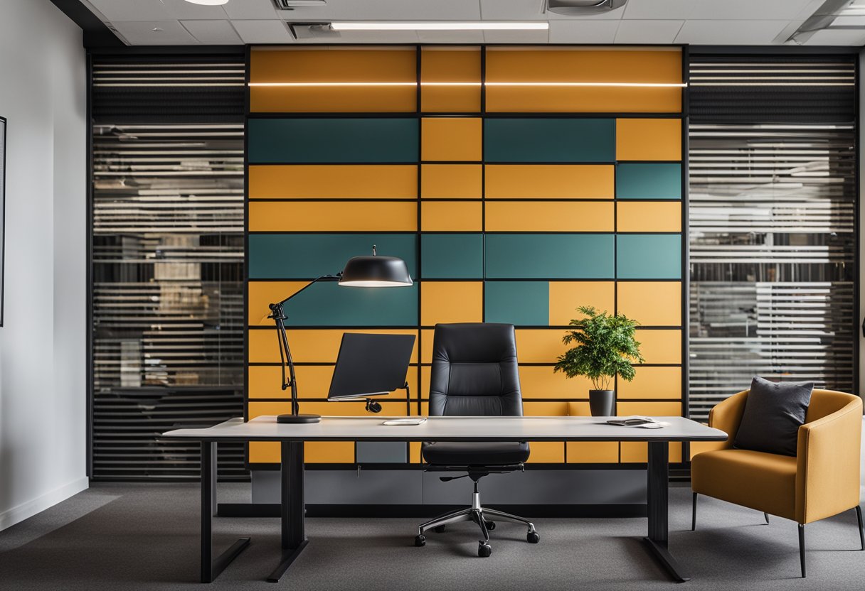 A modern, well-lit office space with sleek furniture and vibrant accent colors. A large bulletin board displays frequently asked questions about interior design